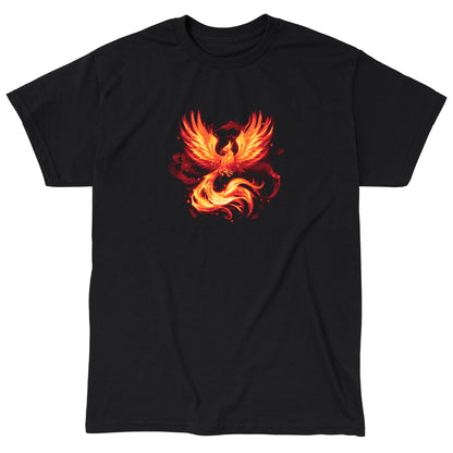 Classic Cotton T-shirt_TeeTurtle Fiery Phoenix black t-shirt featuring a phoenix with outstretched wings, glowing with fiery orange and yellow flames.