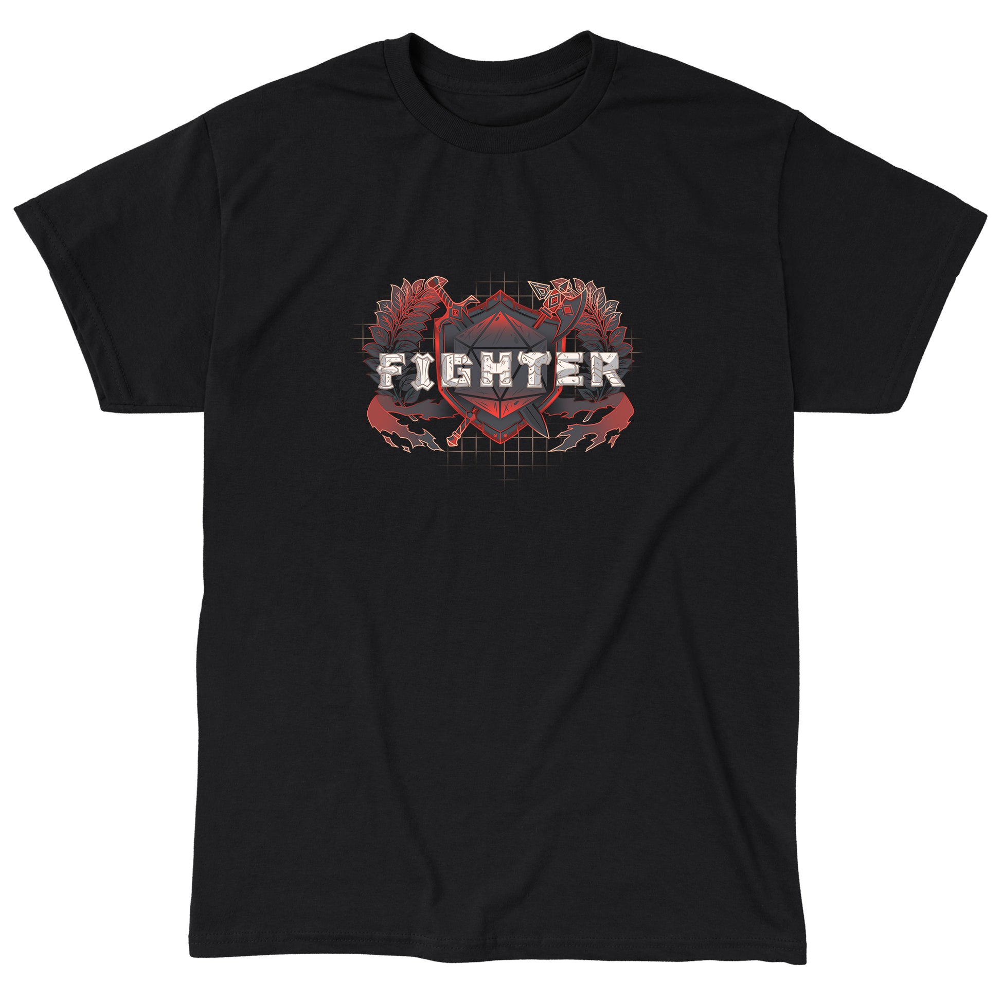 Classic Cotton T-shirt_TeeTurtle Fighter Class t-shirt featuring a shield with crossed weapons and laurel branches, with the word "Fighter."