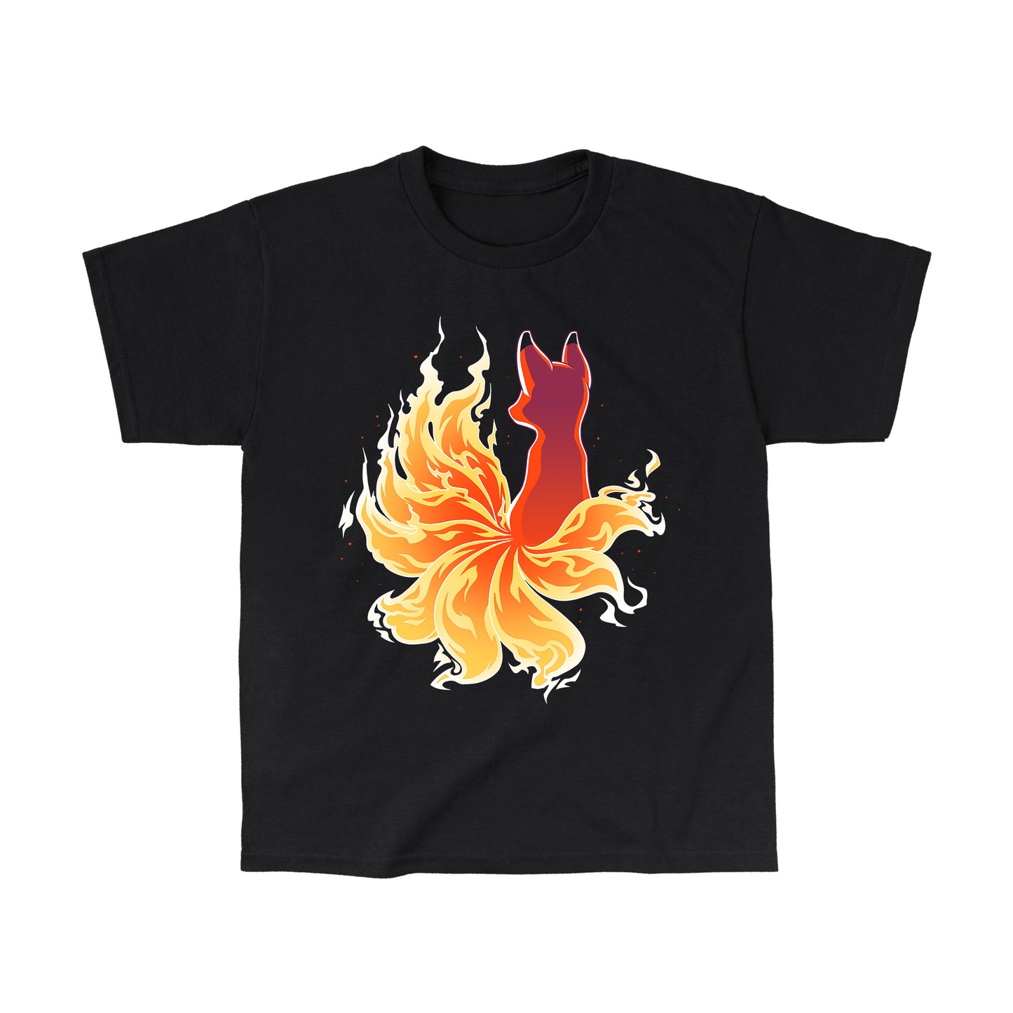 Classic Cotton T-shirt_TeeTurtle black Fire Kitsune. Featuring a kitsune with fiery tail.