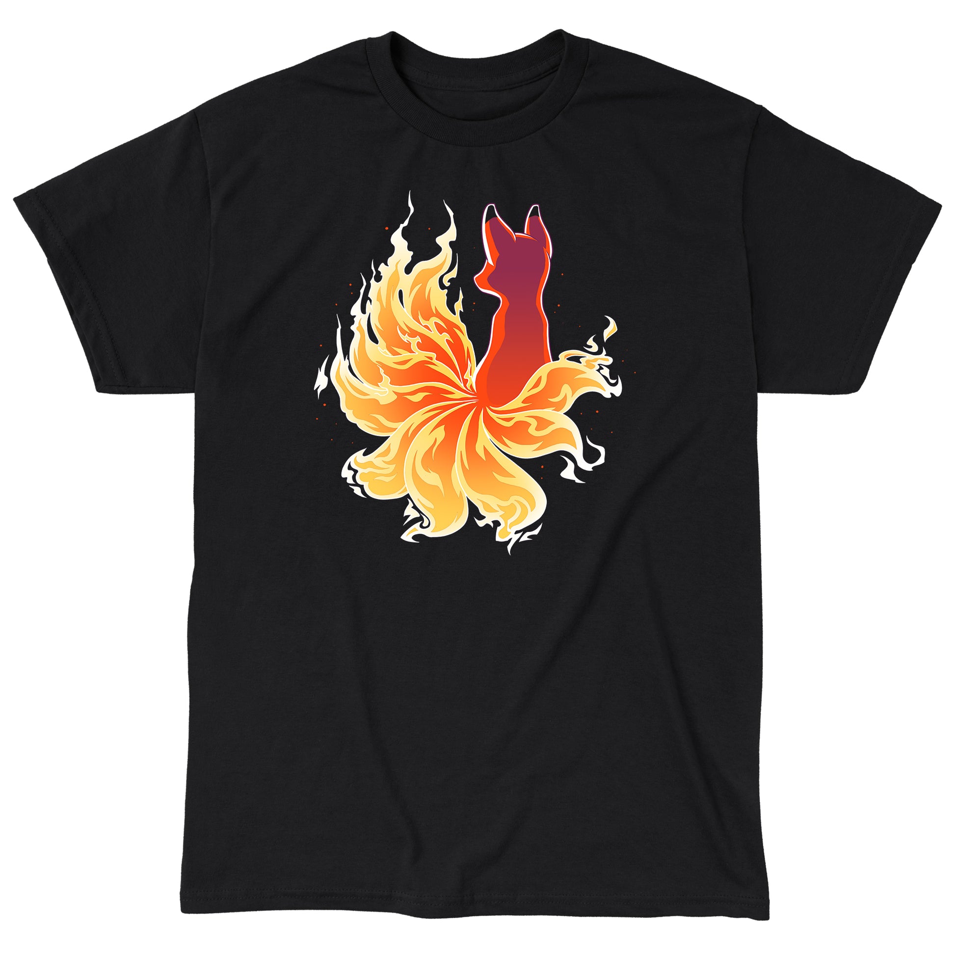 Classic Cotton T-shirt_TeeTurtle black Fire Kitsune. Featuring a kitsune with fiery tail.