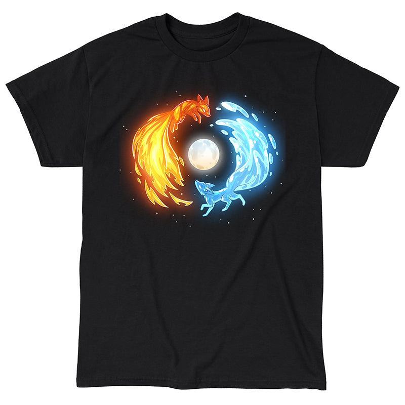 Classic Cotton T-shirt_TeeTurtle black Fire and Water Kitsune Classic Cotton T-shirt featuring fire and water kitsunes running in a circle around a full moon.