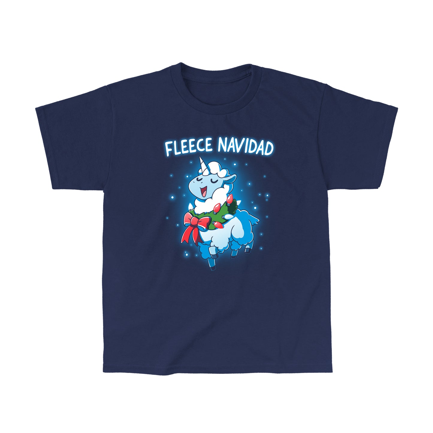 Classic Cotton T-shirt_TeeTurtle Fleece Navidad navy t-shirt featuring a sheep decorated with Christmas lights and a wreath, with the text "Fleece Navidad" above it.