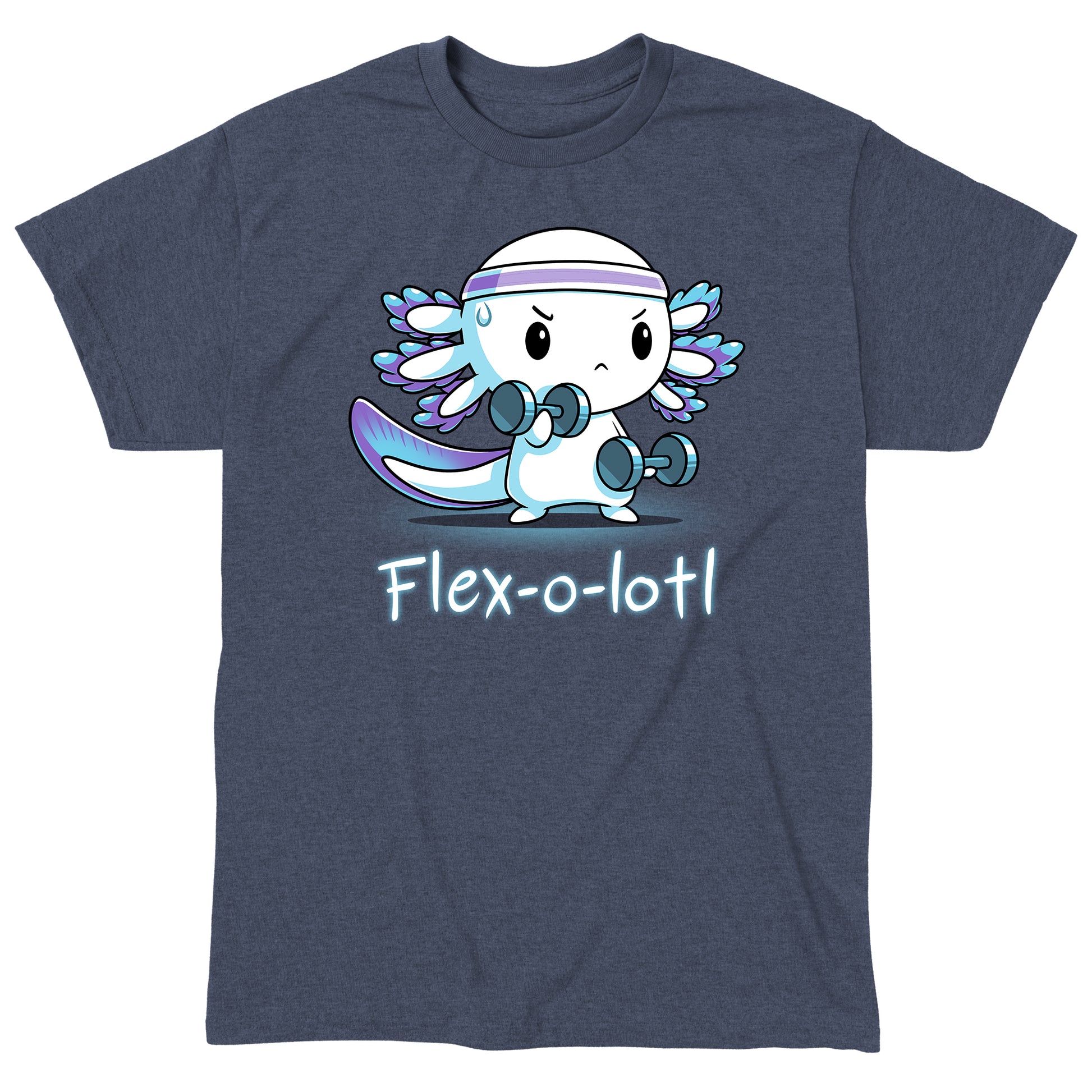 Classic Cotton T-shirt_TeeTurtle Flex-o-lotl heather navy t-shirt featuring an axolotl wearing a sweatband and exercising lifting weights and a pun underneath.