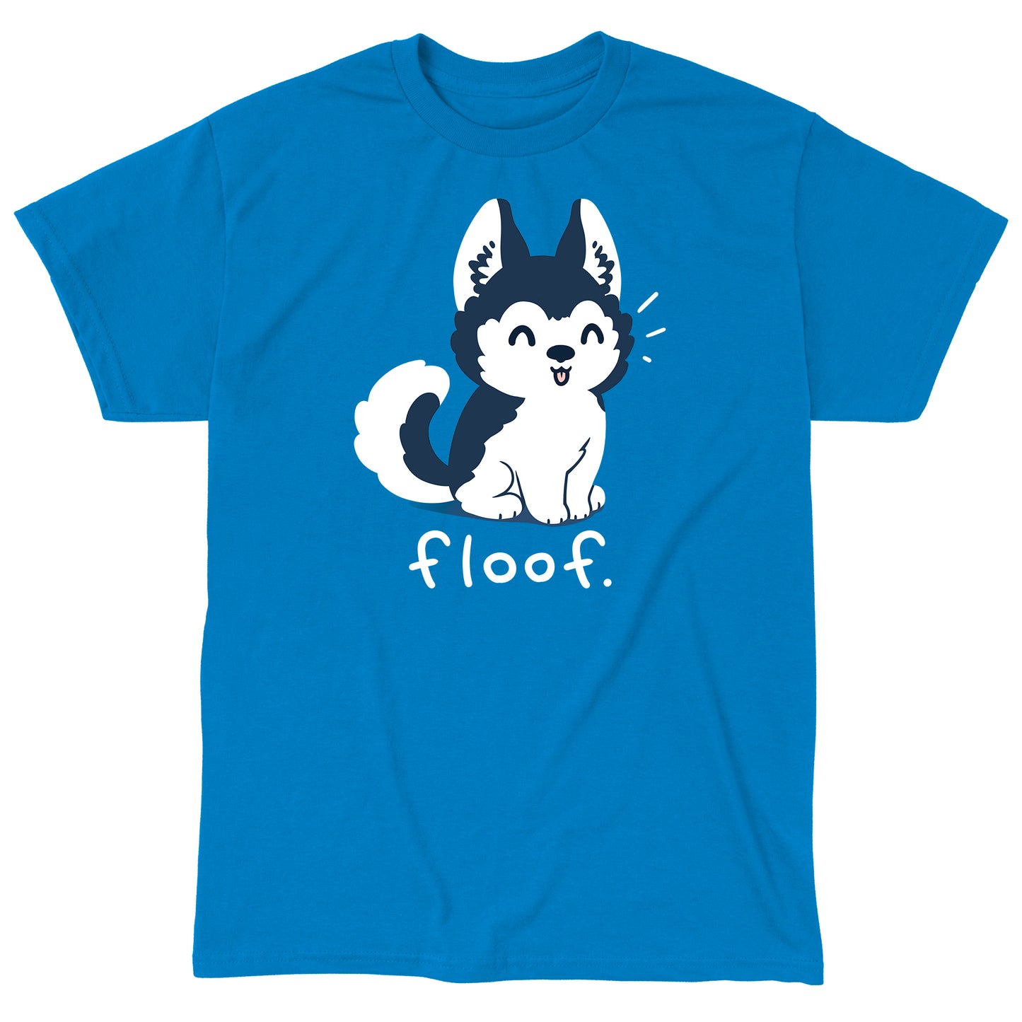 Classic Cotton T-shirt_TeeTurtle Floof sapphire blue t-shirt featuring a fluffy husky with its tongue hanging out posed over the word 'Floof'.