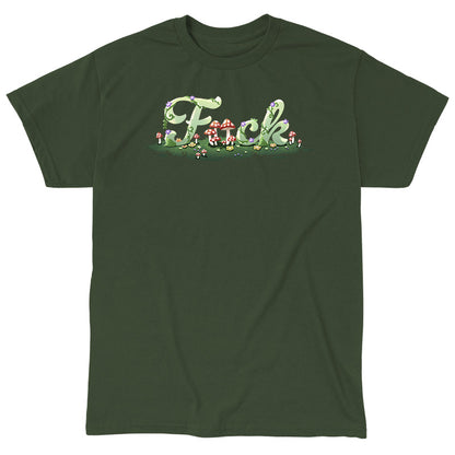 Classic Cotton T-shirt_TeeTurtle forest green Floral F*ck apparel featuring the word, “F*ck” with the second letter replaced by mushrooms, and the letters surrounded by mushrooms, flowers, and grass.