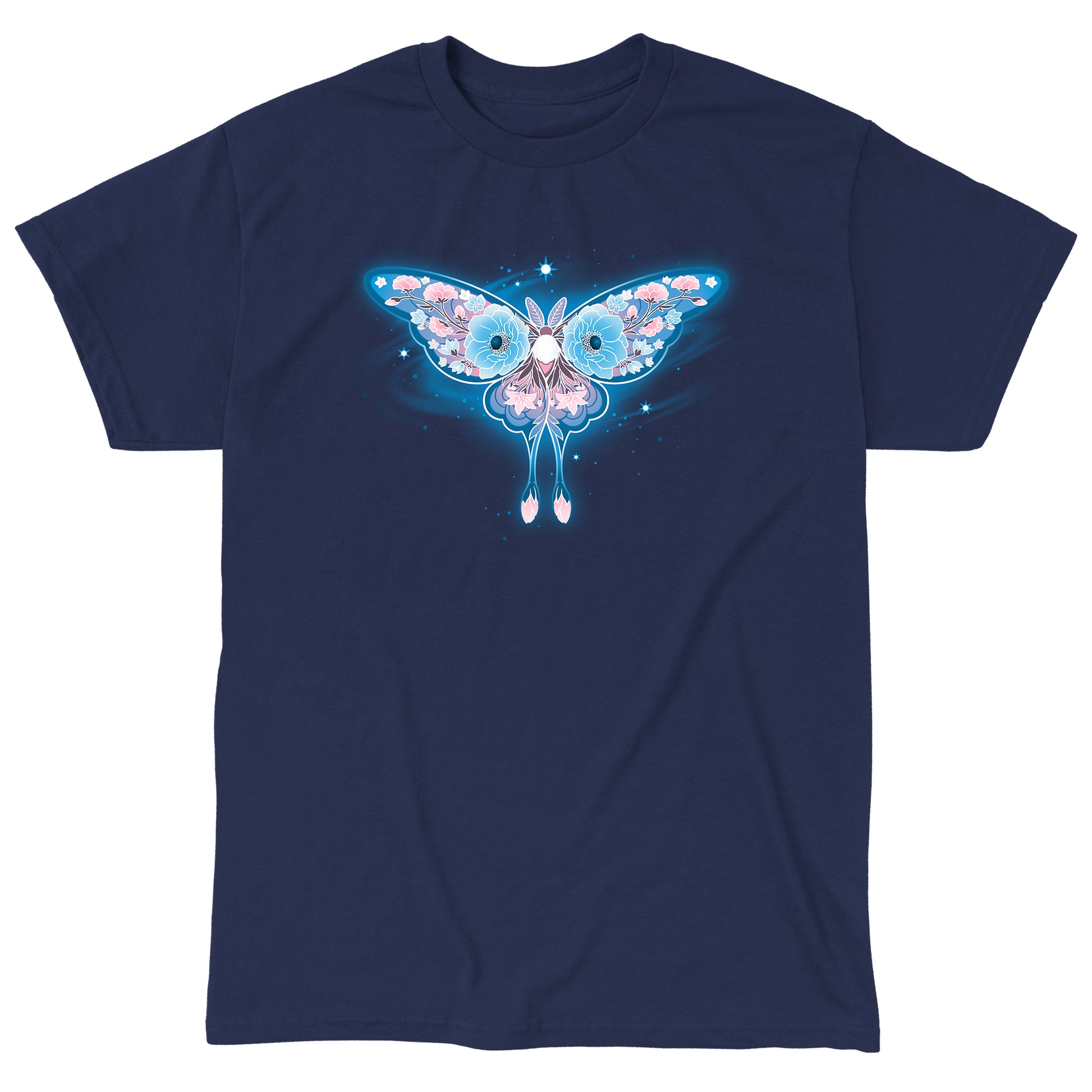 Classic Cotton T-shirt_TeeTurtle Floral Moth navy blue t-shirt featuring a moth with blue and pink floral patterns on its wings.