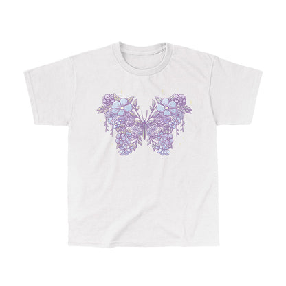 Classic Cotton T-shirt_TeeTurtle Floral Butterfly White t-shirt featuring an illustration of a butterfly made from lavender and light blue flowers with leaves, set against a white background.