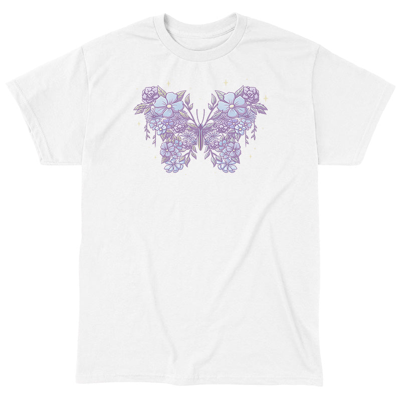 Classic Cotton T-shirt_TeeTurtle Floral Butterfly White t-shirt featuring an illustration of a butterfly made from lavender and light blue flowers with leaves, set against a white background.