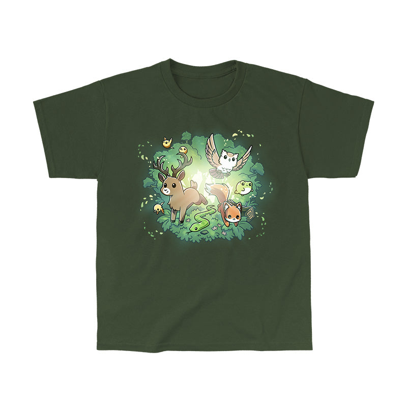 Classic Cotton T-shirt_TeeTurtle forest green Forest Harmony apparel featuring a fox, snake, owl, deer, frog, bird, and other forest animals emerging out of a forest in the background.