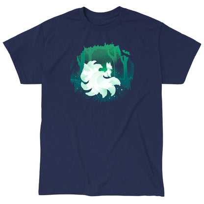 Classic Cotton T-shirt_TeeTurtle Forest Kitsune navy blue t-shirt featuring a glowing kitsune sitting on rock in nature.