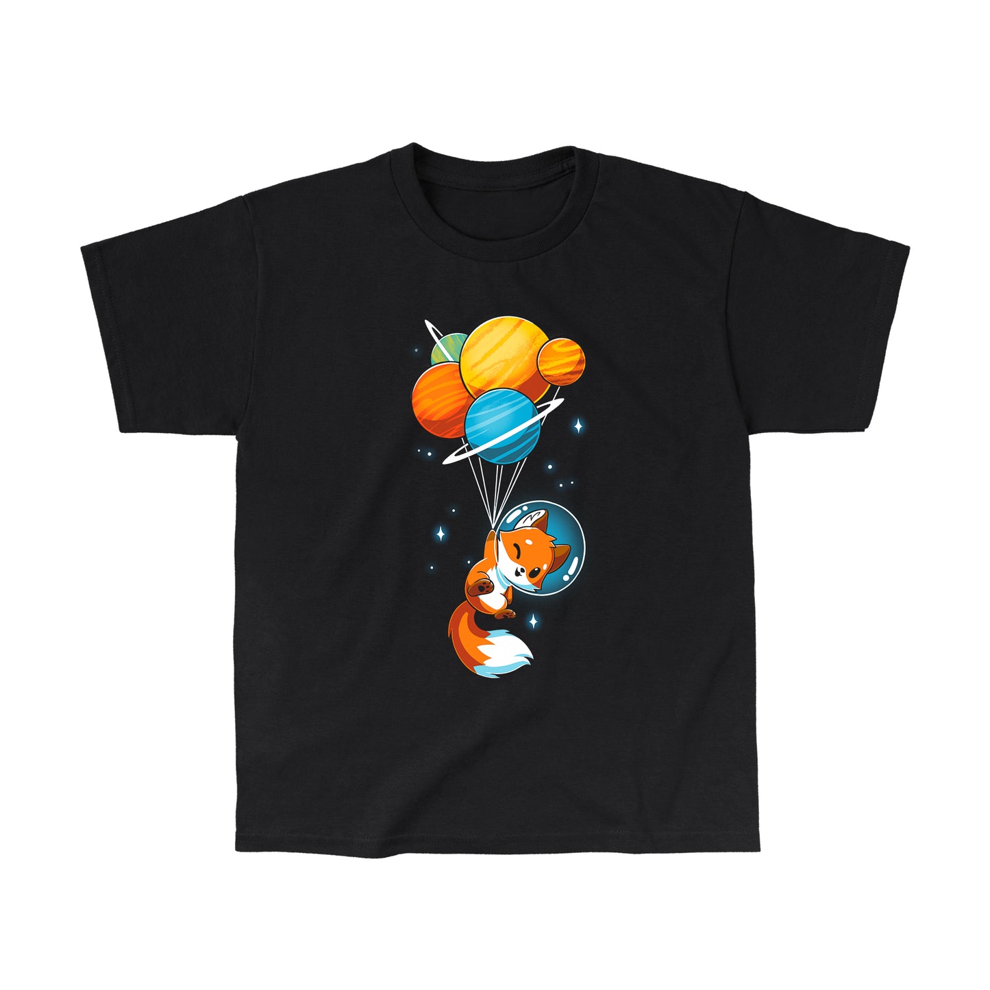 Classic Cotton T-shirt_A cartoon Foxy Astronaut in a space helmet is being lifted by balloons shaped like planets against a dark background. This whimsical design is printed on a super soft ringspun cotton Unisex Tee, perfect for space lovers of all ages. The Foxy Astronaut Unisex apparelby monsterdigital is sure to delight fans everywhere.