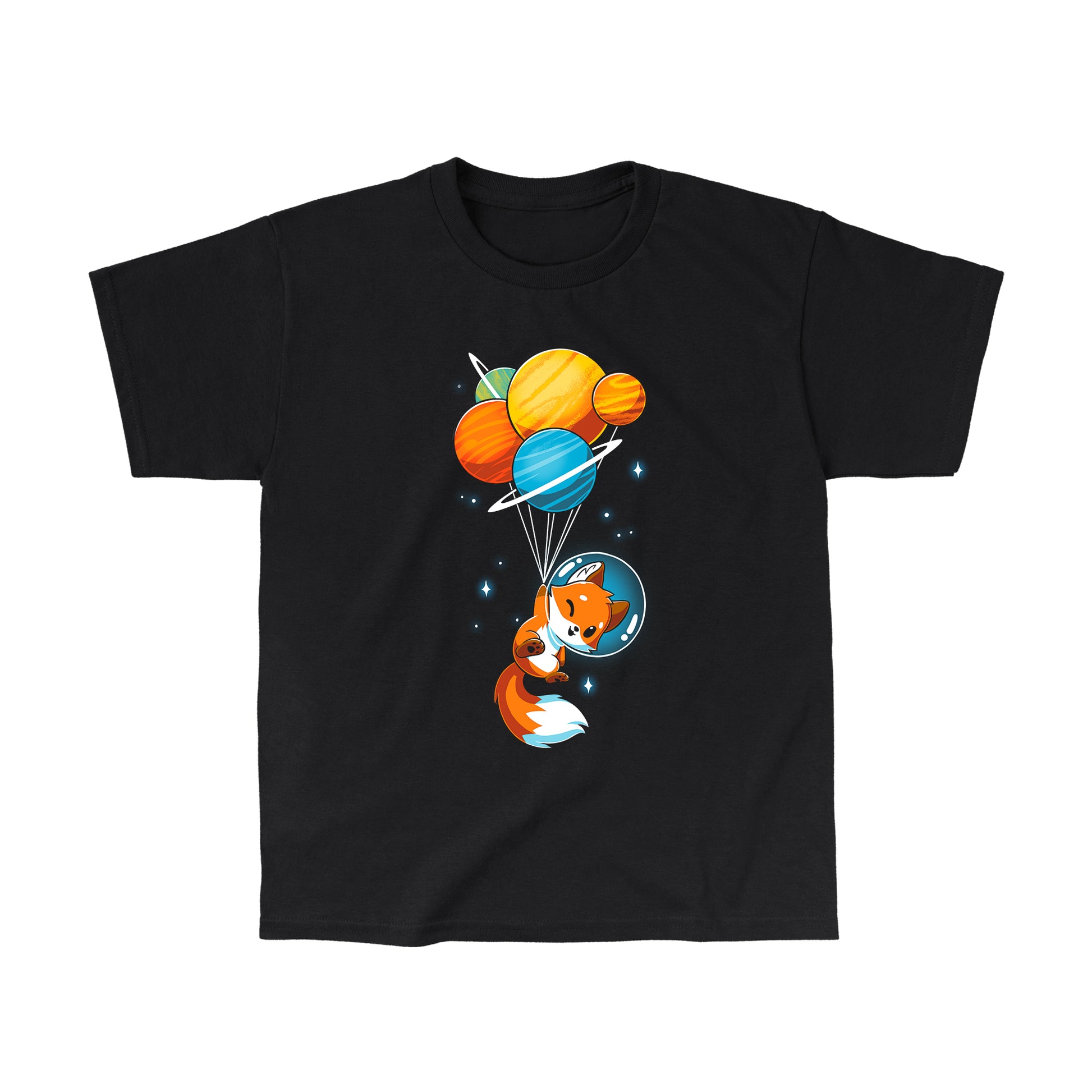 Classic Cotton T-shirt_A cartoon Foxy Astronaut in a space helmet is being lifted by balloons shaped like planets against a dark background. This whimsical design is printed on a super soft ringspun cotton Unisex Tee, perfect for space lovers of all ages. The Foxy Astronaut Unisex apparelby monsterdigital is sure to delight fans everywhere.