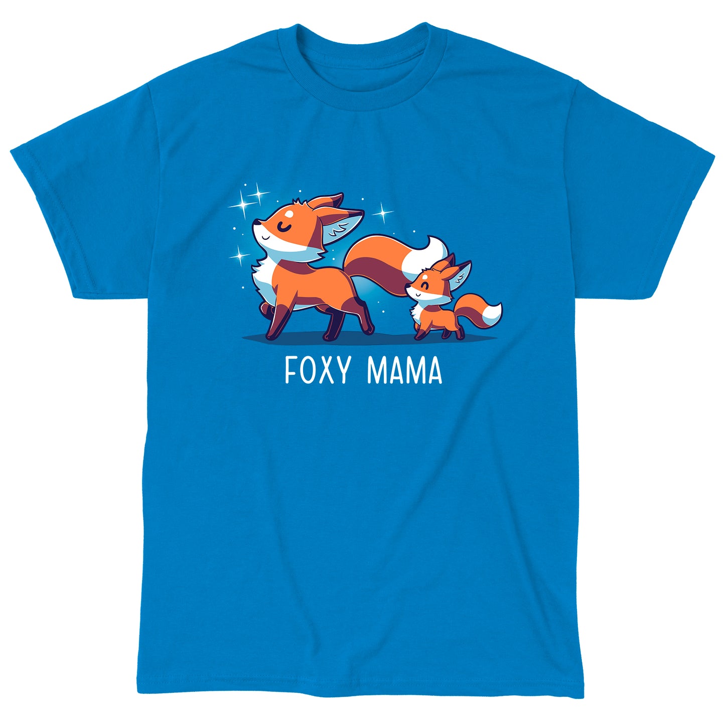 Classic Cotton T-shirt_TeeTurtle Foxy Mama sapphire blue t-shirt featuring a proud, smiling fox walking ahead with a smaller fox following.