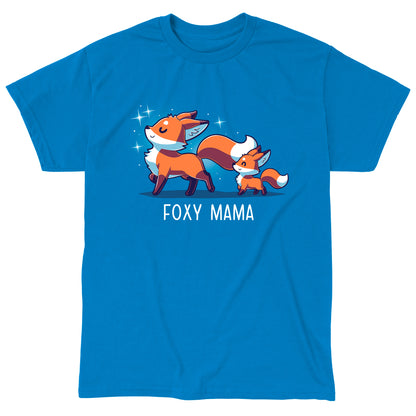 Classic Cotton T-shirt_TeeTurtle Foxy Mama sapphire blue t-shirt featuring a proud, smiling fox walking ahead with a smaller fox following.