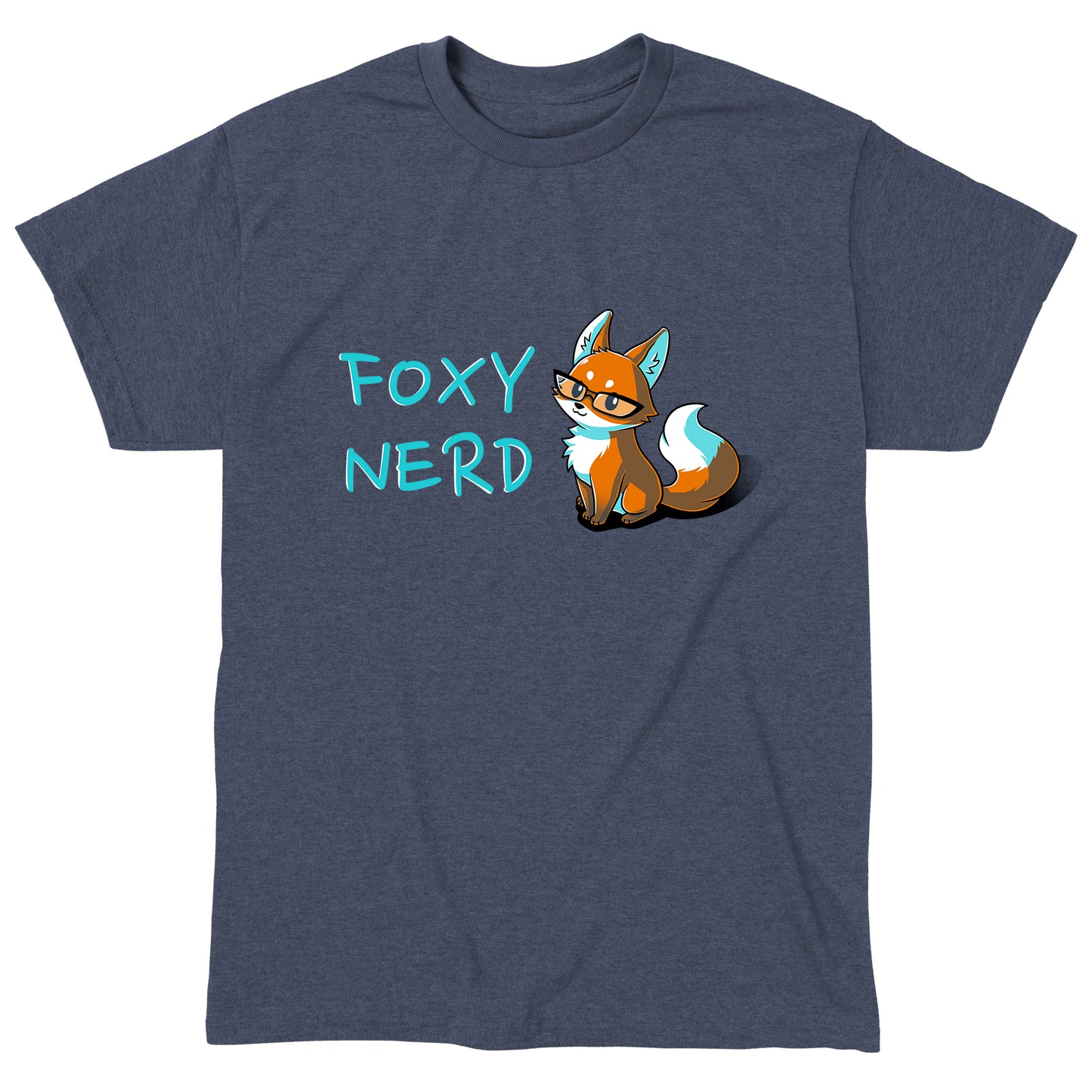 Classic Cotton T-shirt_Teeturtle Foxy Nerd heather navy t-shirt featuring a fox with glasses sitting next to the text "FOXY NERD."