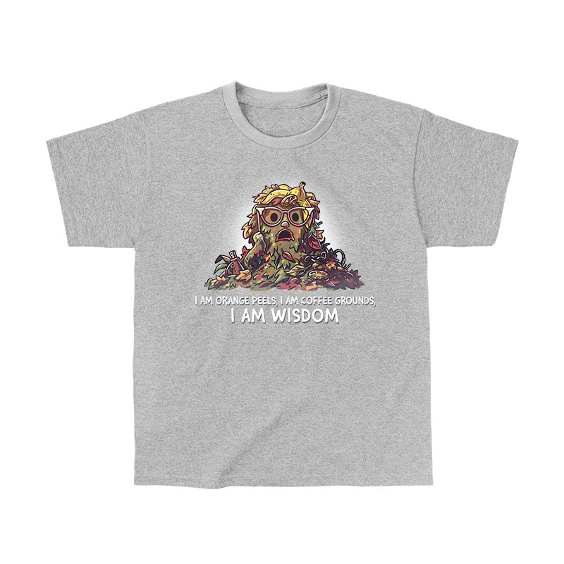 Classic Cotton T-shirt_TeeTurtle heather gray I Am Wisdom apparel featuring Marjory the Trash Heap from Fraggle Rock with her iconic saying as a caption, “I am Orange peels, I am Coffee Grounds, I am Wisdom“.