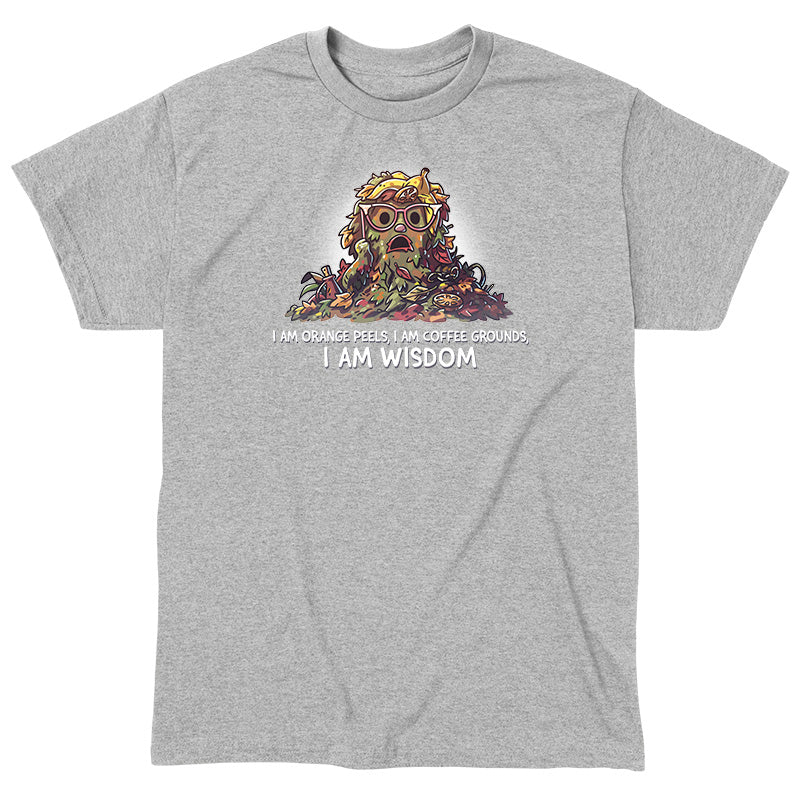Classic Cotton T-shirt_TeeTurtle heather gray I Am Wisdom apparel featuring Marjory the Trash Heap from Fraggle Rock with her iconic saying as a caption, “I am Orange peels, I am Coffee Grounds, I am Wisdom“.