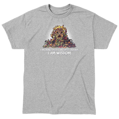 Classic Cotton T-shirt_TeeTurtle heather gray I Am Wisdom apparel featuring Marjory the Trash Heap from Fraggle Rock with her iconic saying as a caption, “I am Orange peels, I am Coffee Grounds, I am Wisdom“.
