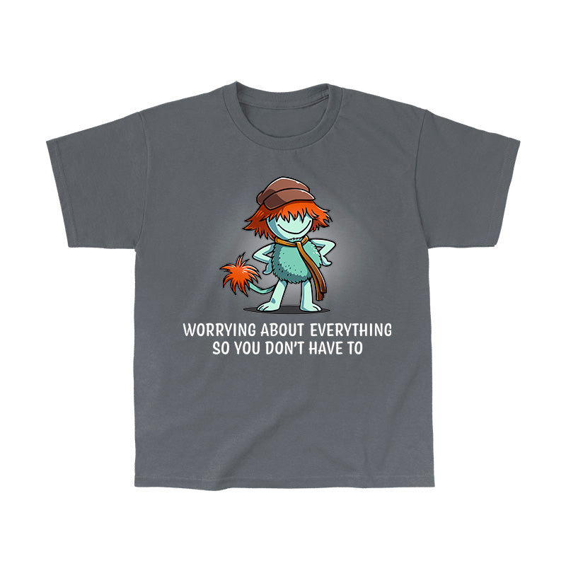 Classic Cotton T-shirt_TeeTurtle charcoal gray Worrying About Everything apparel featuring Boober from Fraggle Rock with his hands on his hips, and the caption, “Worrying About Everything So You Don’t Have To“.