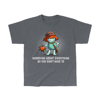 Classic Cotton T-shirt_TeeTurtle charcoal gray Worrying About Everything apparel featuring Boober from Fraggle Rock with his hands on his hips, and the caption, “Worrying About Everything So You Don’t Have To“.