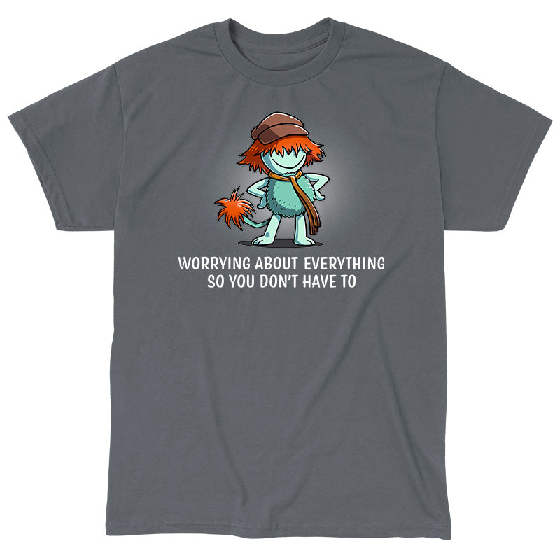 Classic Cotton T-shirt_TeeTurtle charcoal gray Worrying About Everything apparel featuring Boober from Fraggle Rock with his hands on his hips, and the caption, “Worrying About Everything So You Don’t Have To“.