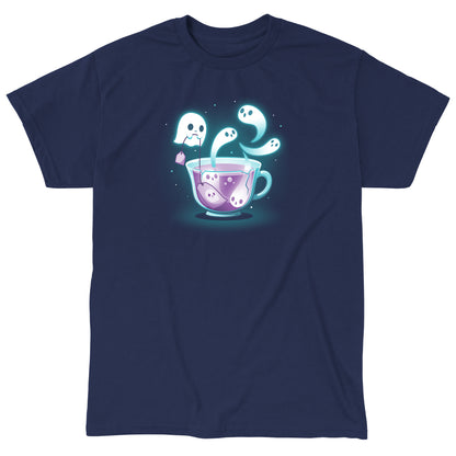 Classic Cotton T-shirt_TeeTurtle Fresh-Booed Tea navy blue t-shirt featuring a glowing teacup with ghost-like figures emerging from it and a ghost holding a tea bag.