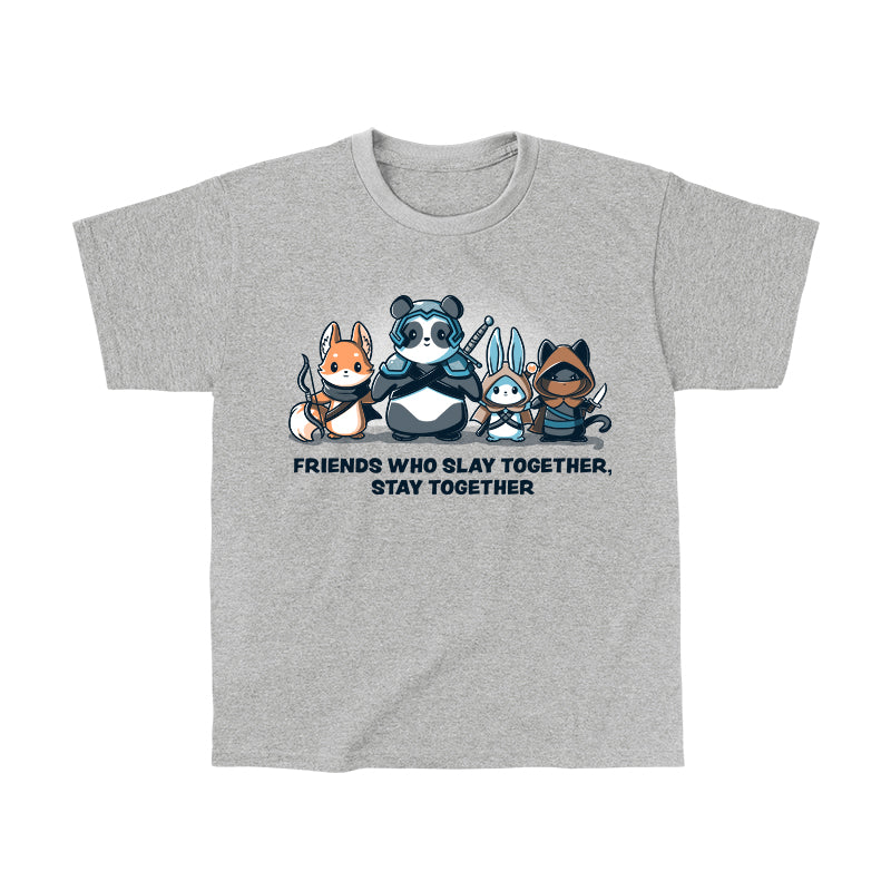 Classic Cotton T-shirt_TeeTurtle Friends Who Slay Together, Stay Together heather gray t-shirt featuring a fox, panda, rabbit, and cat dressed as warriors with weapons. Text beneath reads, "Friends Who Slay Together Stay Together."