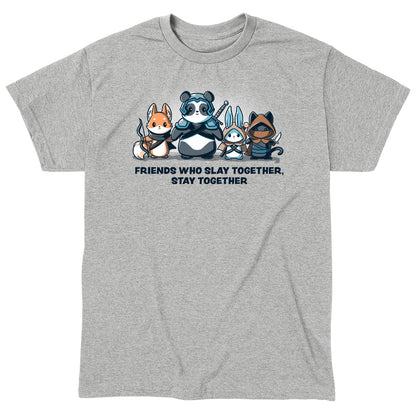 Classic Cotton T-shirt_TeeTurtle Friends Who Slay Together, Stay Together heather gray t-shirt featuring a fox, panda, rabbit, and cat dressed as warriors with weapons. Text beneath reads, "Friends Who Slay Together Stay Together."