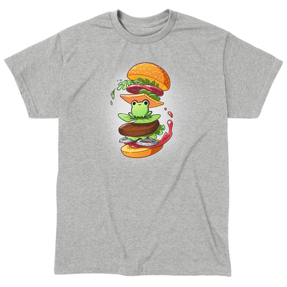 Classic Cotton T-shirt_TeeTurtle heather gray Frog Burger featuring a frog in the middle of a burger’s floating ingredients.