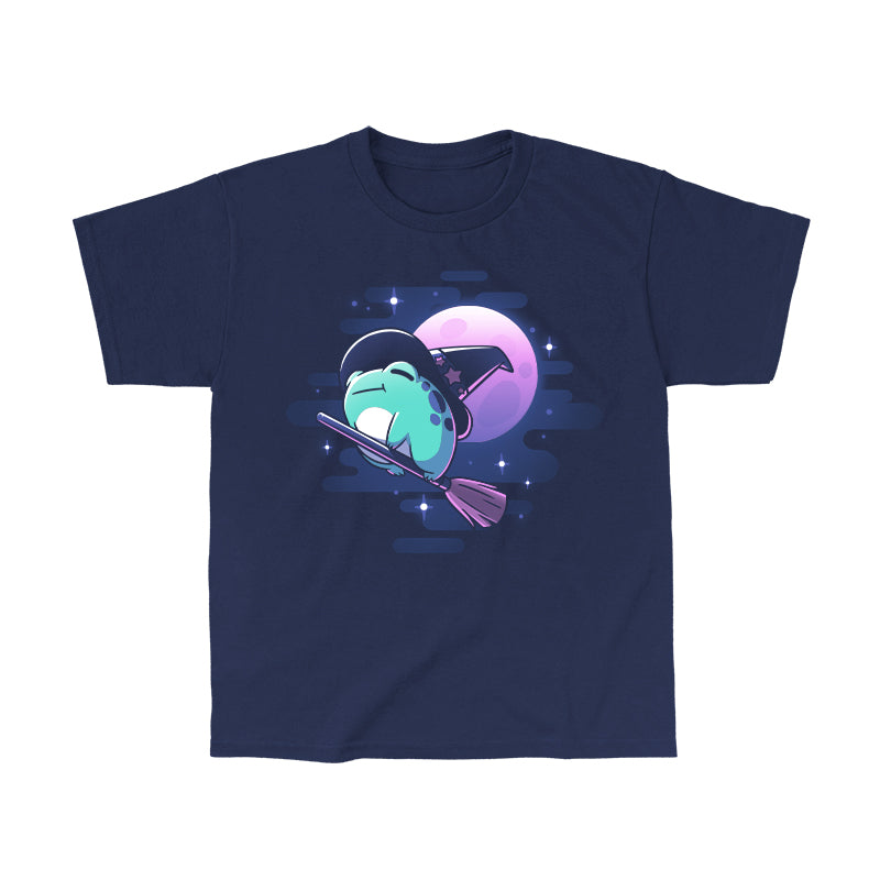 Classic Cotton T-shirt_TeeTurtle Frog Witch navy blue t-shirt featuring a frog wearing a witch hat flies on a broomstick.