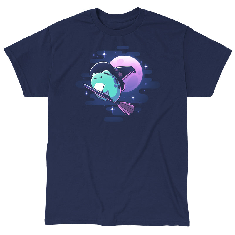 Classic Cotton T-shirt_TeeTurtle Frog Witch navy blue t-shirt featuring a frog wearing a witch hat flies on a broomstick.