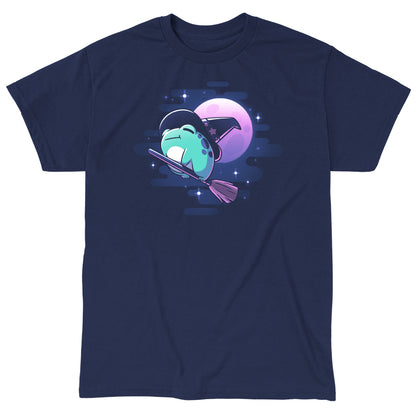 Classic Cotton T-shirt_TeeTurtle Frog Witch navy blue t-shirt featuring a frog wearing a witch hat flies on a broomstick.