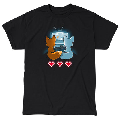 Classic Cotton T-shirt_TeeTurtle Fur the Love of Gaming black t-shirt featuring two foxes playing video games in front of a television.