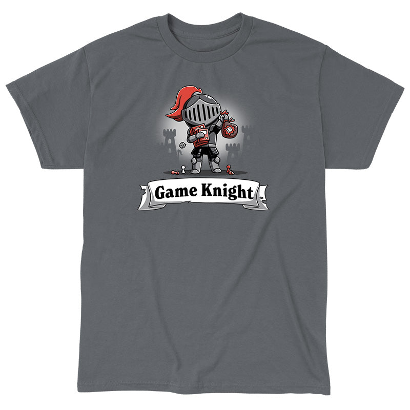 Classic Cotton T-shirt_TeeTurtle Game Knight charcoal gray t-shirt featuring a knight in armor holding a game die and cards.