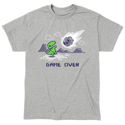 Classic Cotton T-shirt_TeeTurtle Game Over Dinosaur Heather Grey t-shirt featuring Pixel art of a green dinosaur looking at a falling meteor, with mountains in the background