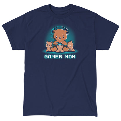 Classic Cotton T-shirt_TeeTurtle Gamer Mom navy blue t-shirt featuring a mama bear playing video games surrounded by her cubs.