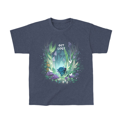 Classic Cotton T-shirt_TeeTurtle Axolotl Explorer heather navy t-shirt featuring an axolotl surrounded by vibrant, mystical forest plants and mushrooms, with the phrase "get lost" at the top.