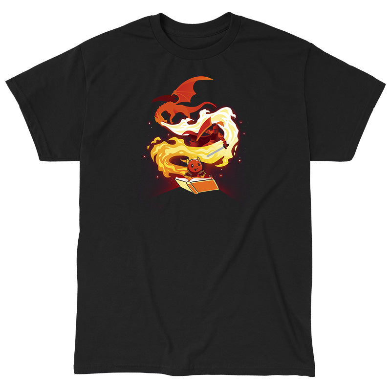 Classic Cotton T-shirt_TeeTurtle Get Lost black t-shirt featuring a red knight trying to slay a red, fire breathing dragon overhead that is spewing a spiraling flame, with a smaller red dragon holding a book smiling at the bottom.