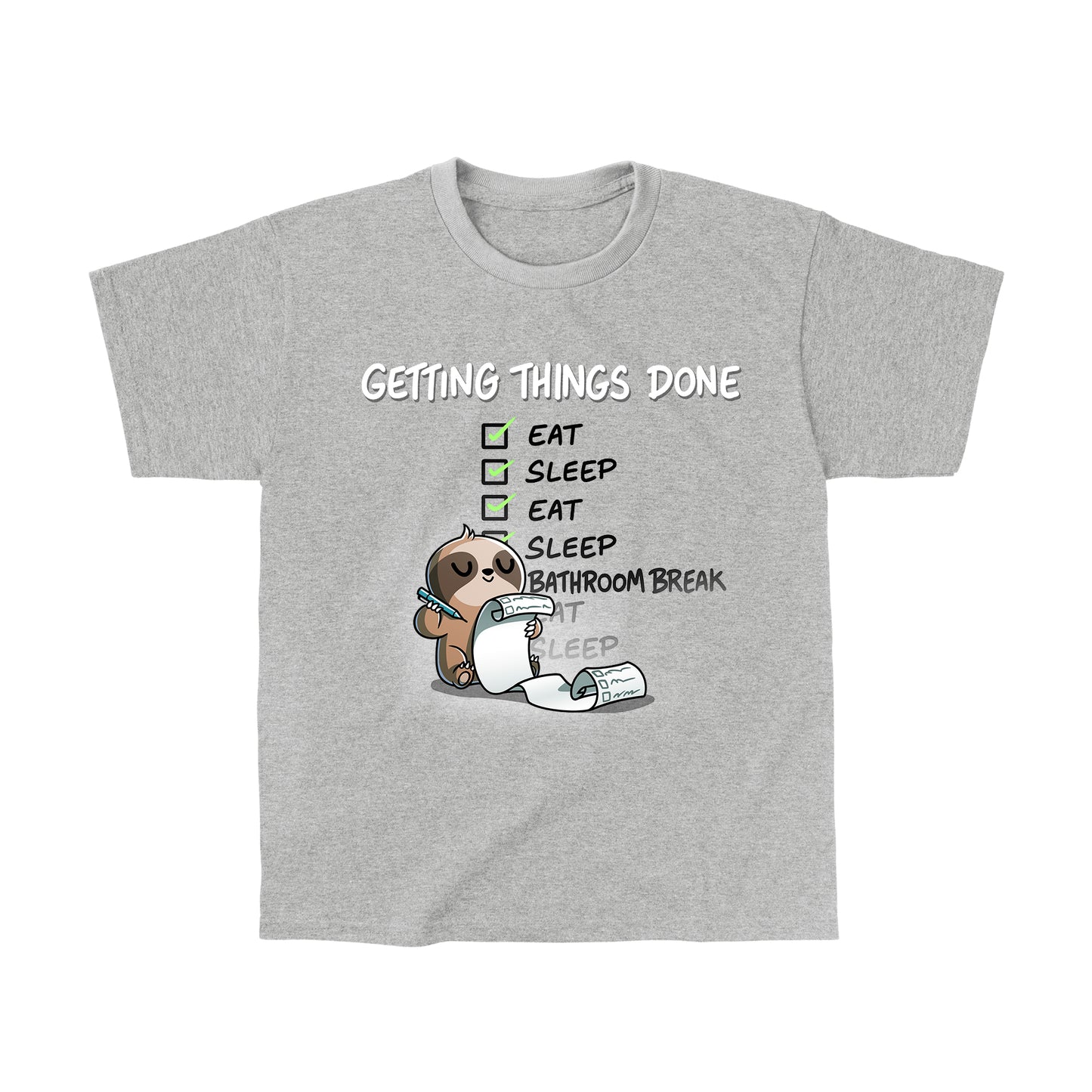 Classic Cotton T-shirt_TeeTurtle heather gray Getting Things Done apparel featuring a sloth checking off items on a list, such as eat, sleep, eat, sleep, bathroom break.