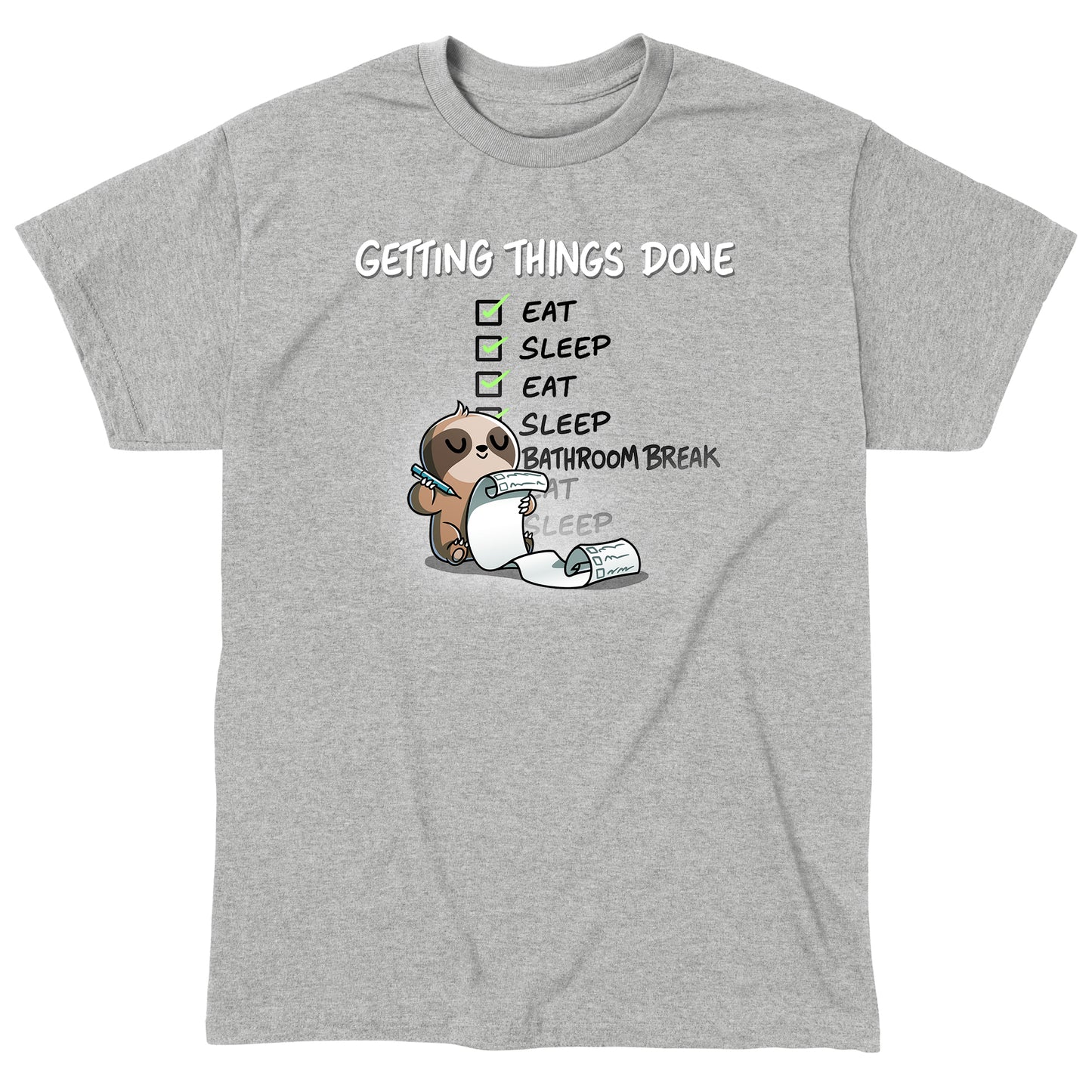 Classic Cotton T-shirt_TeeTurtle heather gray Getting Things Done apparel featuring a sloth checking off items on a list, such as eat, sleep, eat, sleep, bathroom break.