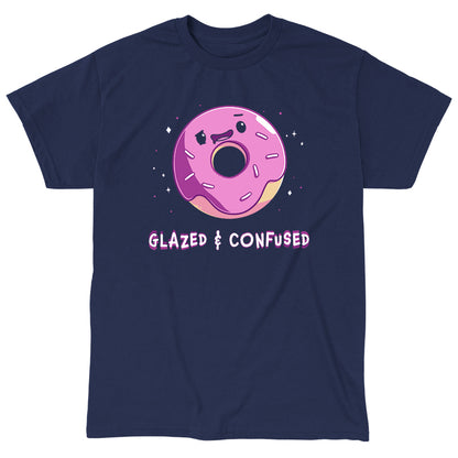 Classic Cotton T-shirt_TeeTurtle Glazed and Confused navy blue t-shirt featuring a pink frosted donut with a smiling face.