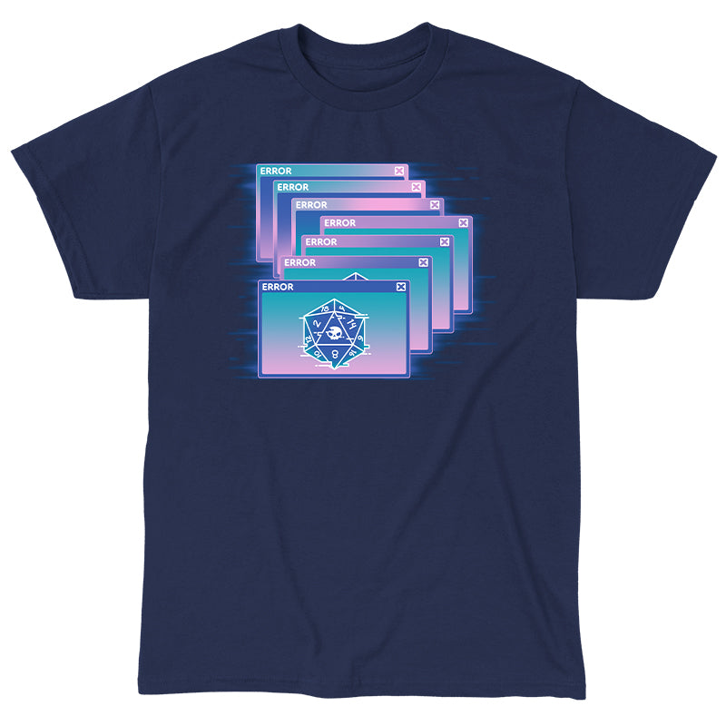 Classic Cotton T-shirt_TeeTurtle GlitchWave D20 navy blue t-shirt featuring a series of overlapping error messages with a vaporwave gradient background, featuring an icon of a 20-sided die displaying numbers and a skull symbol.