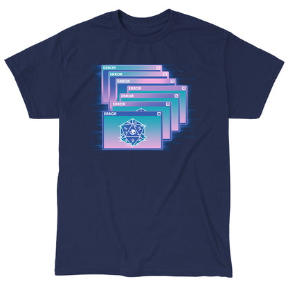 Classic Cotton T-shirt_TeeTurtle GlitchWave D20 navy blue t-shirt featuring a series of overlapping error messages with a vaporwave gradient background, featuring an icon of a 20-sided die displaying numbers and a skull symbol.