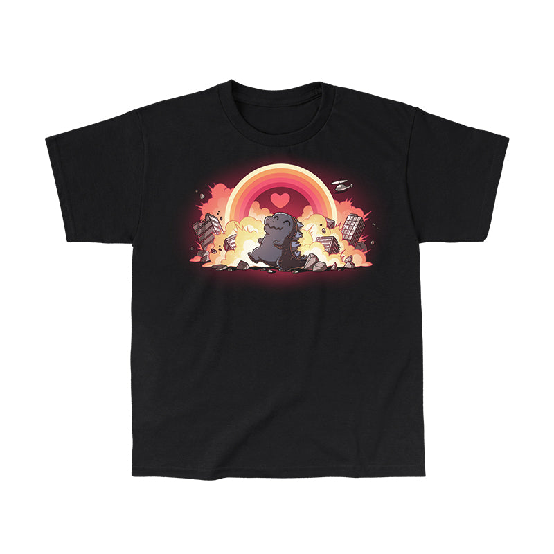 Classic Cotton T-shirt_TeeTurtle black Godzilla's Happy Place apparel featuring a happy Godzilla rampaging through collapsing and exploding buildings, with a rainbow that has a heart in the center in the sky.