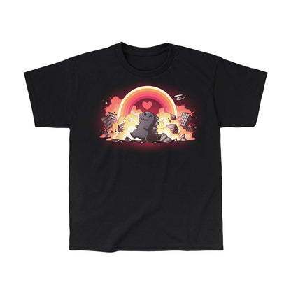 Classic Cotton T-shirt_TeeTurtle black Godzilla's Happy Place apparel featuring a happy Godzilla rampaging through collapsing and exploding buildings, with a rainbow that has a heart in the center in the sky.