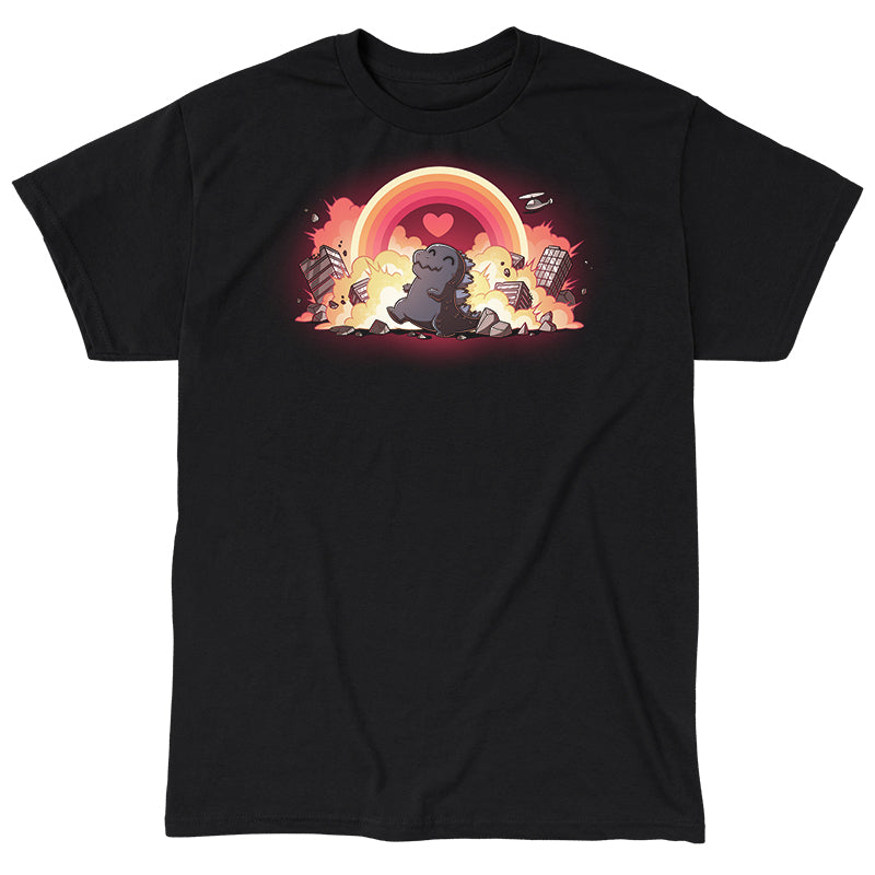Classic Cotton T-shirt_TeeTurtle black Godzilla's Happy Place apparel featuring a happy Godzilla rampaging through collapsing and exploding buildings, with a rainbow that has a heart in the center in the sky.