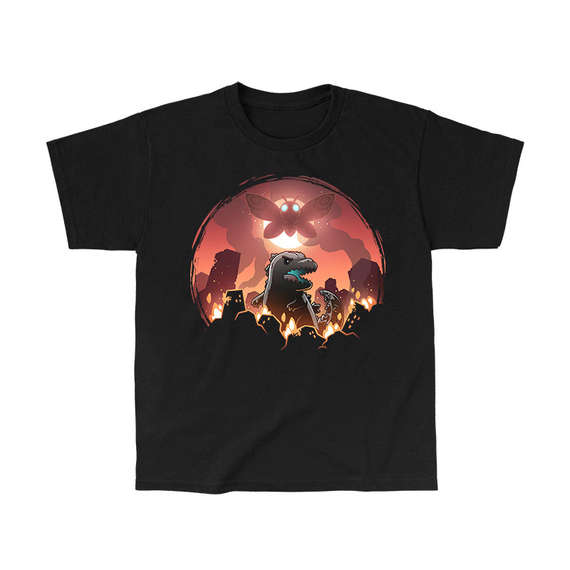Classic Cotton T-shirt_TeeTurtle black Godzilla and Mothra Rampage apparel featuring Godzilla rampaging around a burning city with Mothra floating in the sky in front of a full moon.
