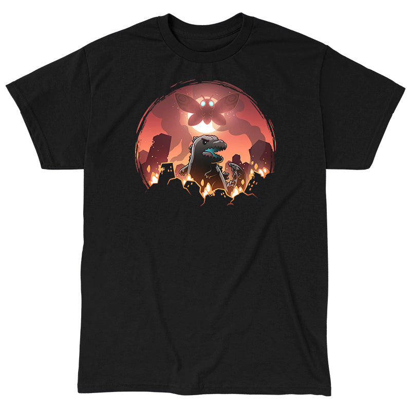Classic Cotton T-shirt_TeeTurtle black Godzilla and Mothra Rampage apparel featuring Godzilla rampaging around a burning city with Mothra floating in the sky in front of a full moon.