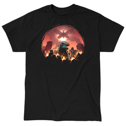 Classic Cotton T-shirt_TeeTurtle black Godzilla and Mothra Rampage apparel featuring Godzilla rampaging around a burning city with Mothra floating in the sky in front of a full moon.