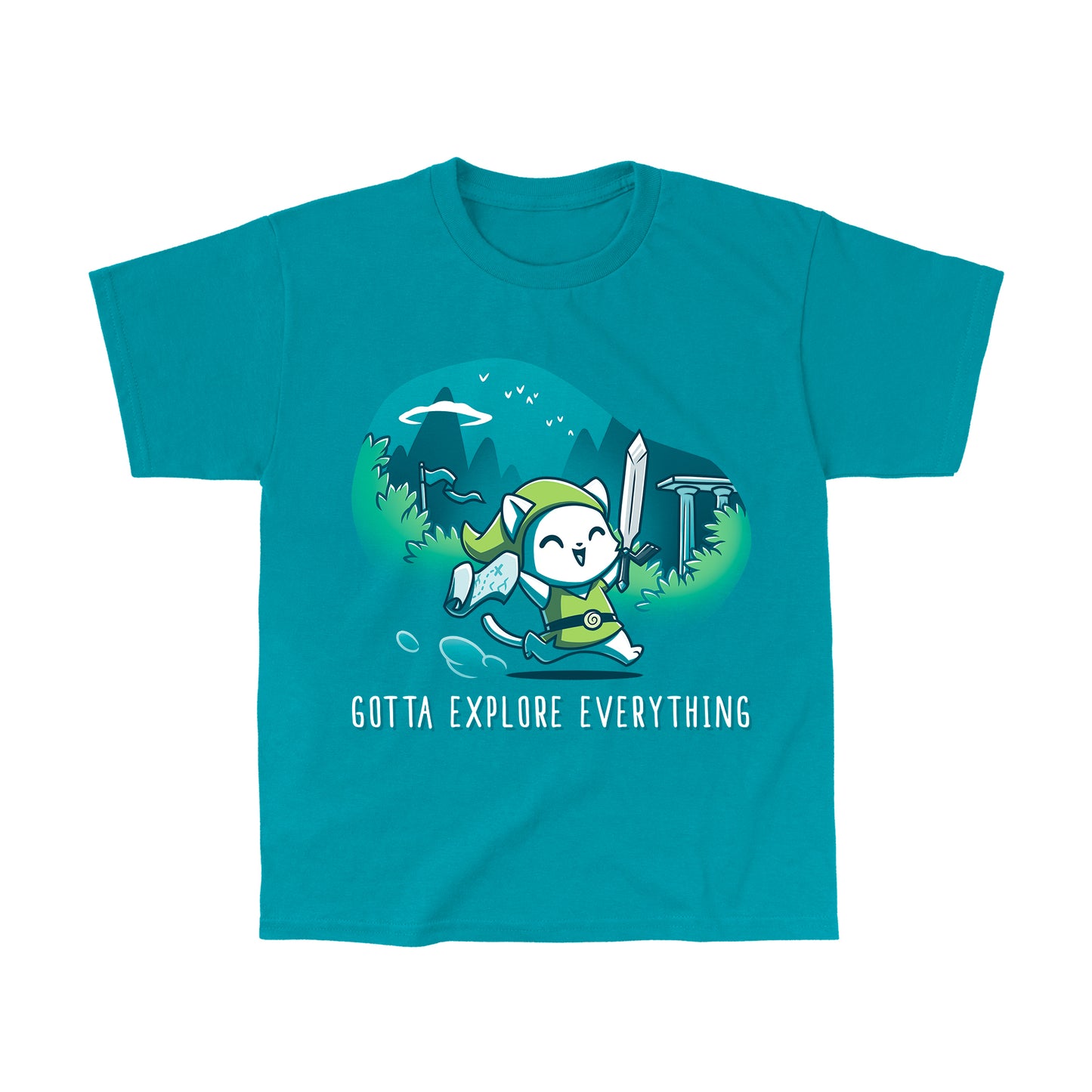 Classic Cotton T-shirt_TeeTurtle Gotta Explore Everything Tropical Blue t-shirt featuring an excited magical cat holding a map and sword running through the mountains.